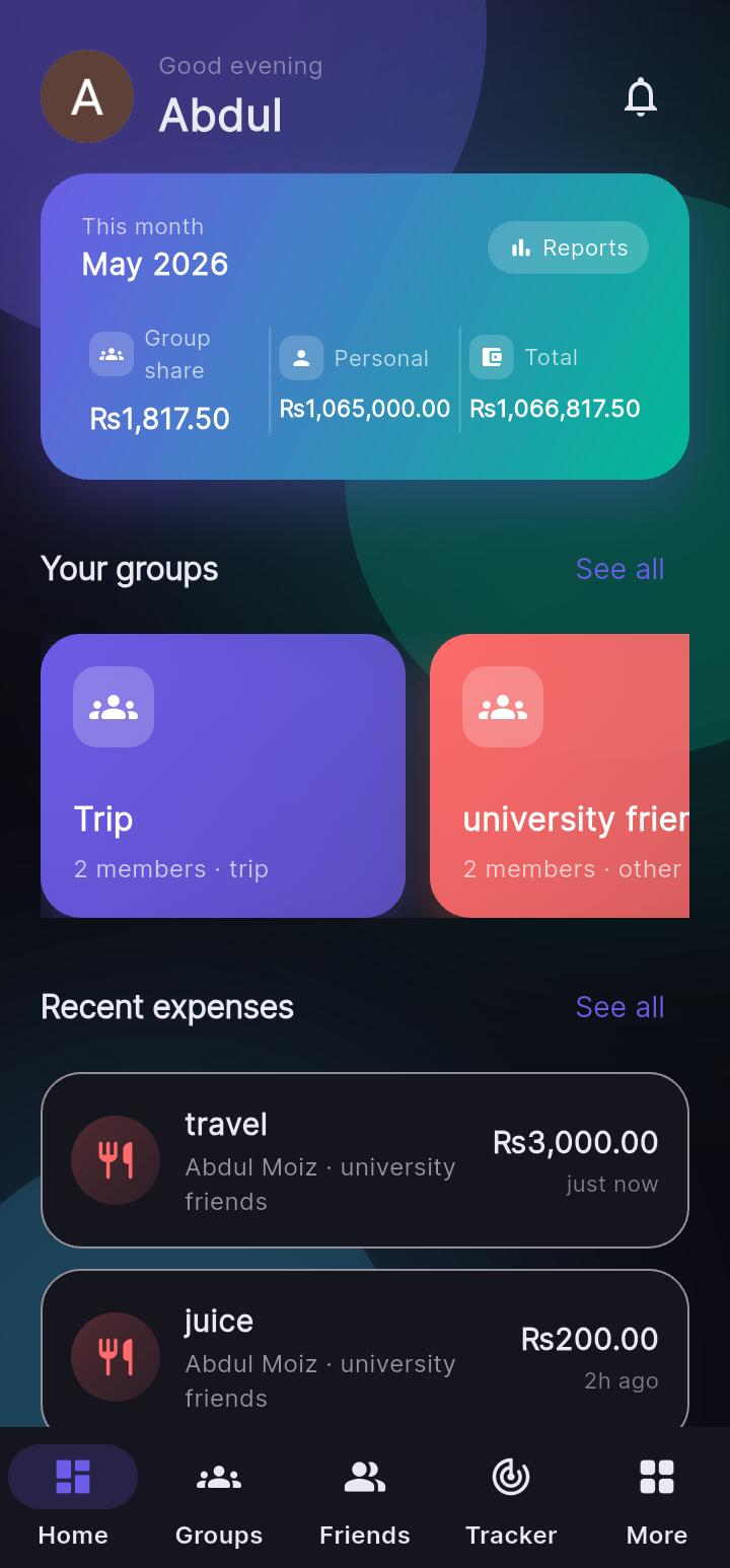 Expensplit app — home screen showing groups and recent expenses